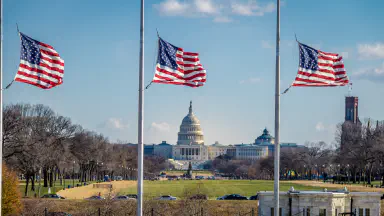US Capitol with flags